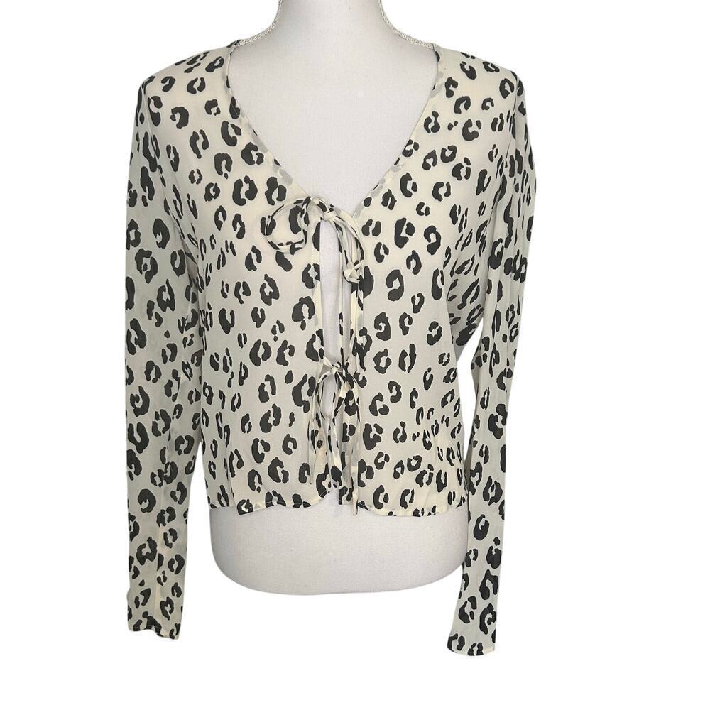 Reformation romance leopard print semi sheer tie long sleeve blouse size M
